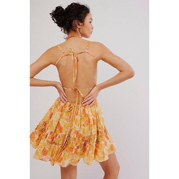Free People Taking Sides Print Mini Dress Tomato Tiered Ruffle Cotton XL 283593 - Picture 2 of 9